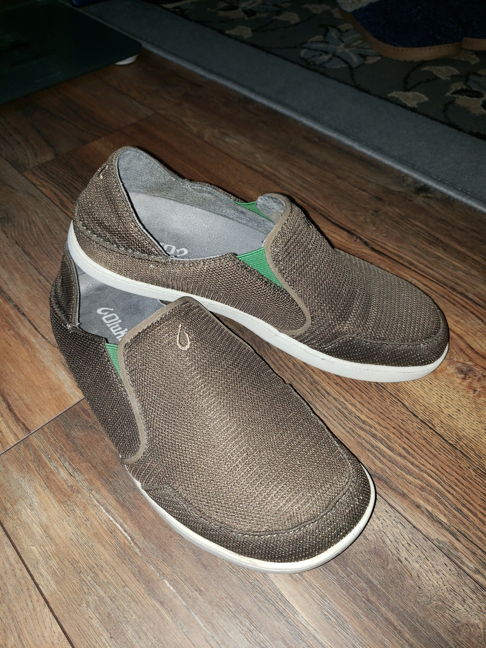OluKai Men's Brown Mesh Slip-On Loafers with Green Stretch Panels